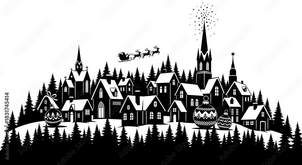 Fototapeta premium Christmas village silhouette with santa sleigh, reindeer, snowy trees, ornaments.
