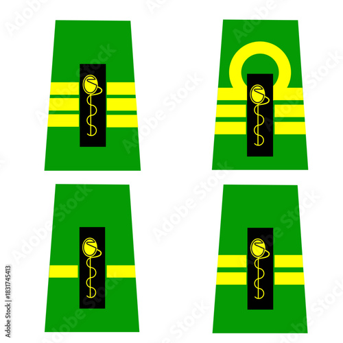 Galons de passant d'épaule du service médical de l'armée belge : officier subalterne:  sous-lieutenant, lieutenant, capitaine, capitaine-commandant