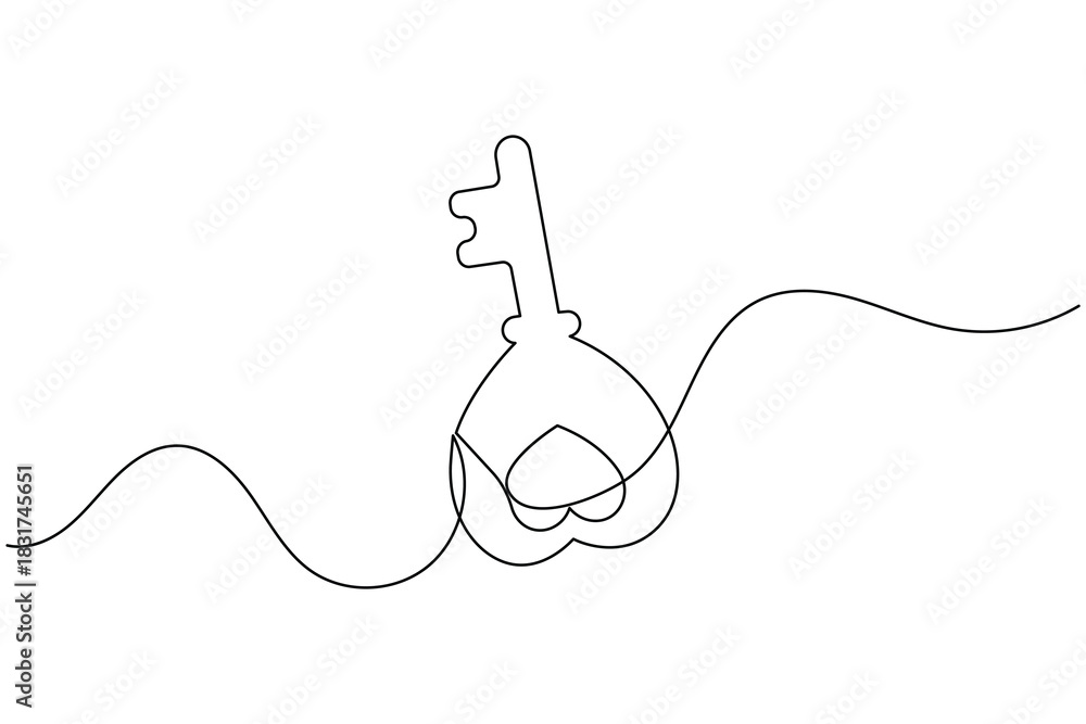 Obraz premium Continuous line art drawing of a key with a heart symbol concept
