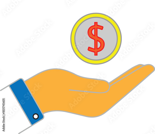 Hand receiving a dollar coin, concept of payment or earning