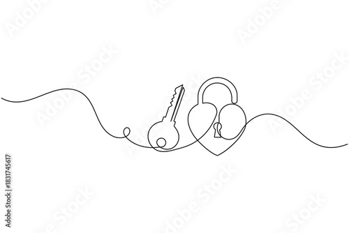 Continuous line drawing of heart padlock and key. love symbol design.