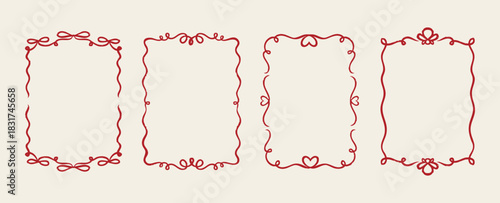 Quirky trendy Frame, hand drawn red borders for wedding Invitation, whimsical frames for birthday card, squiggly and wavy borders. minimalist line art