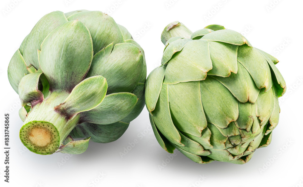 Fototapeta premium Two french artichokes isolated on white background. File contains clipping paths.