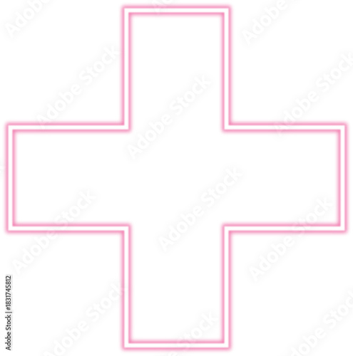 Glowing pink neon plus sign icon symbol with bright light for medical emergency hospital clinic first aid healthcare logo design