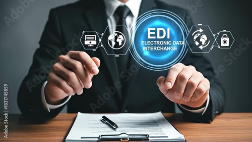 Businessman Interacting with Electronic Data Interchange EDI System for Digital Business.
