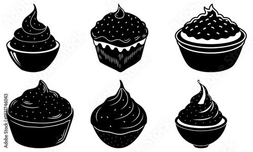 Delicious dessert selection of cupcakes and bowls with frosting, perfect for bakeries, celebrations and sweet treats, originally a scalable vector graphic