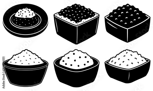 Elegant assortment of caviar and rice bowls for upscale dining menus, gourmet food blogs, and culinary design projects, originally scalable vector graphics