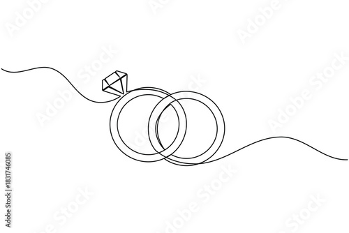 Minimalist one line art wedding rings with diamond vector design