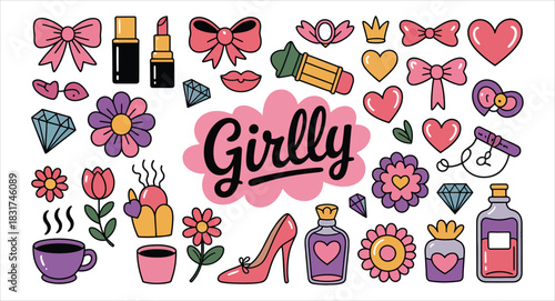 Girly Doodle Icons With Bows Lipstick Flowers And High Heel Shoe pink bows makeup