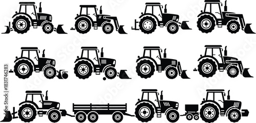 Diverse Collection of Black Tractor Silhouettes, Various Farm Vehicles with Trailers and Front Loaders, Agricultural Machinery Vector Set, Isolated on Pure
