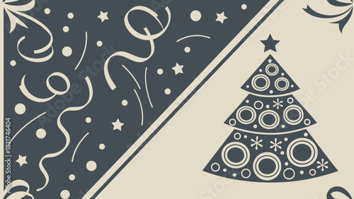 Festive christmas card design with tree and confetti on a split background