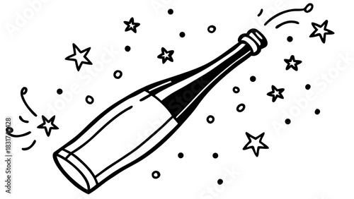 Popping champagne bottle with stars around it