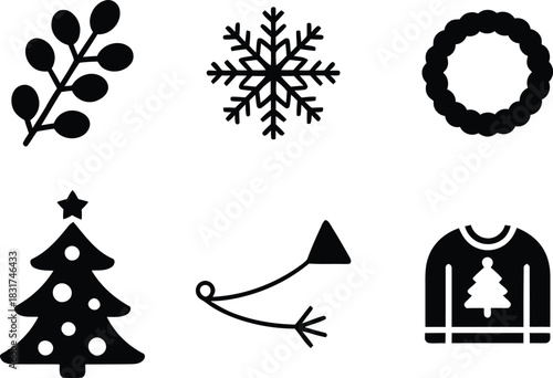 Set of six simple black and white christmas and winter holiday icons for design