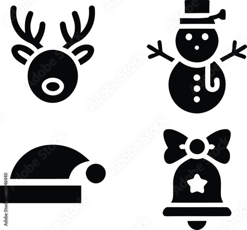Set of four black christmas icons including reindeer snowman santa hat and bell