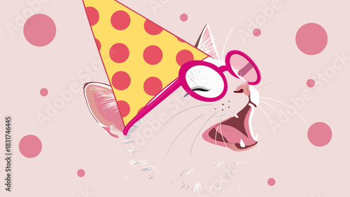 A festive cat celebrates with a party hat and pink glasses on pink background