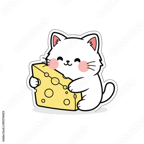 Adorable cat hugs cheese cartoon illustration vector graphic design