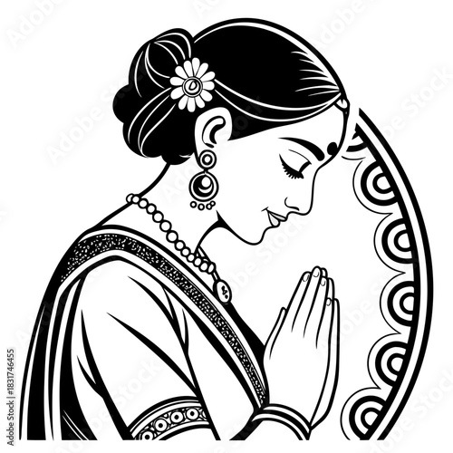 A black-and-white line-art illustration of a South Asian woman performing a traditional greeting.