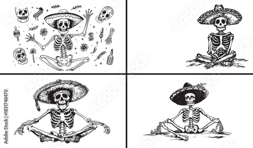 mexican culture, dia de los muertos, mexican festival, skull art, traditional costume, mexico celebration, cultural design, folk art, holiday decoration, sombrero vector