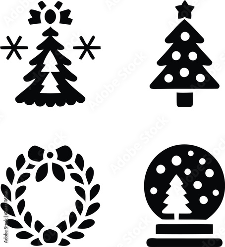 Set of four black christmas icons including a decorated tree snowflake wreath and snow globe