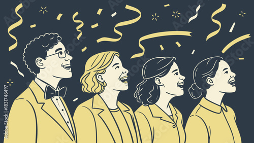 Four people celebrating with confetti and streamers in a joyful atmosphere