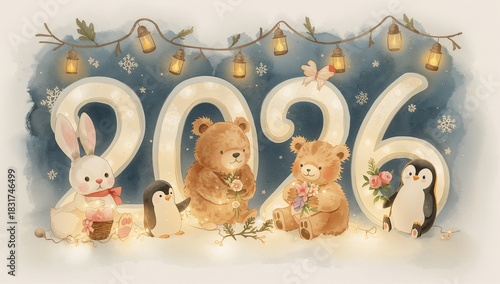 A warm and charming watercolor illustration of “2026” illuminated softly by tiny lanterns. A kawaii bunny, cat, bear, and penguin sit cozily around the numbers, holding mini lights and flowers. 