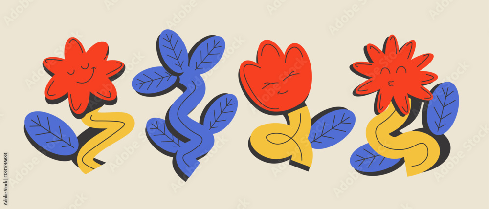 Fototapeta premium Retro flower set, abstract flowers, character collection