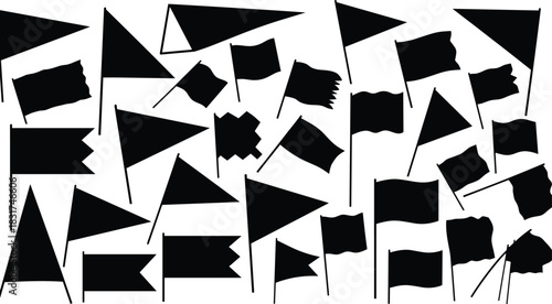 Large Collection of Black Flag Silhouettes, Various Banners, Pennants, and Flags on Poles, Waving and Hanging Designs, Isolated on Pure White Background