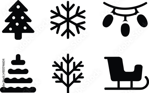 Collection of six simple black and white christmas icons including trees snowflakes garland and sleigh