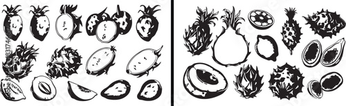 Fruit doodle illustration, tropical fruit sketch, pineapple drawing art, banana vector clipart, strawberry outline design, juicy fruit pattern, healthy food decor, summer fruit collection, organic fru