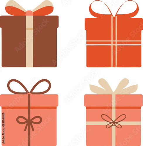 Four colorful gift boxes with ribbons and bows on a white background