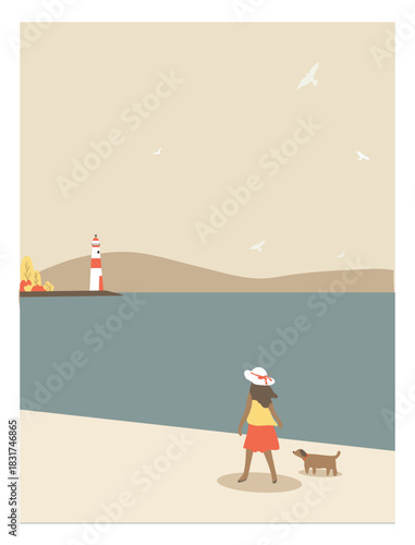 Print Vector illustration of August 2026 by the sea.Calendar or postcard of clean beach.Woman walk a dog.Windy and calm.