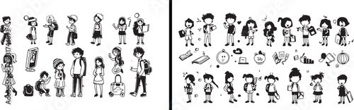 Kids character illustration, cute cartoon kids, child doodle design, happy children drawing, playful kid sketch, fun cartoon set, educational graphic art, adorable kids clipart, vector character set, 