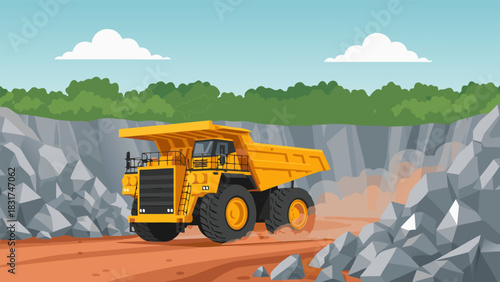 Heavy yellow dump truck moving rocks in an open pit mine quarry, industrial vector illustration d.eps design