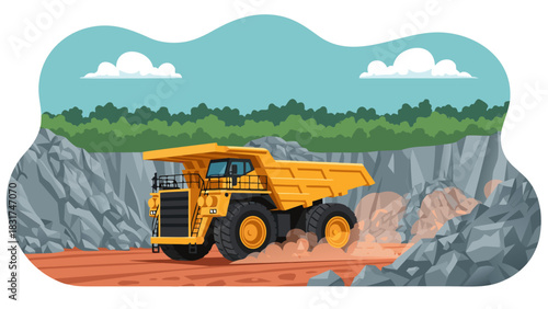 Large yellow industrial dump truck moving earth and rock in an open-pit mine, showcasing heavy machinery and quarry operations