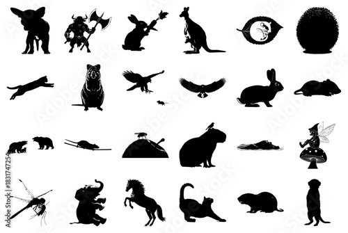 Assortment of Animal and Fantasy Character Silhouettes Keywords: pig, boar, bull, warrior, axe