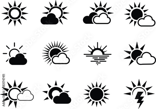 Sun and Weather Forecast Solid Icons Set: Featuring Sunny, Cloudy, Sunrise, Sunset, Partially Hidden Sun, and Thunderstorm Glyph Vector Illustration