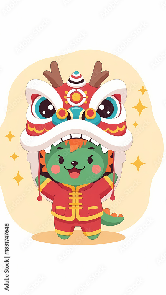Fototapeta premium Cute Cartoon Dragon Character Celebrating Lunar New Year in Traditional Chinese Attire, Festive Illustration