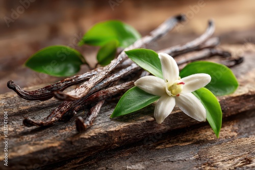 Gentle still life of vanilla pods and blooms, soft natural lighting