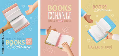 A 3D poster set featuring hands passing books, literature exchange, and event announcements.