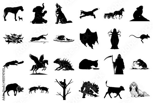 Collection of Animal and Fantasy Silhouettes Keywords: dog, elephant, wolf, fox, horse, penguin