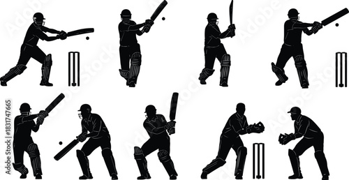 Collection of Black Cricket Player Silhouettes, Batsmen Hitting and Defending, Wicketkeeper Catching, Isolated on Pure White Background, Sports Game Vector Set, Batting Icon Graphics, Competition.
