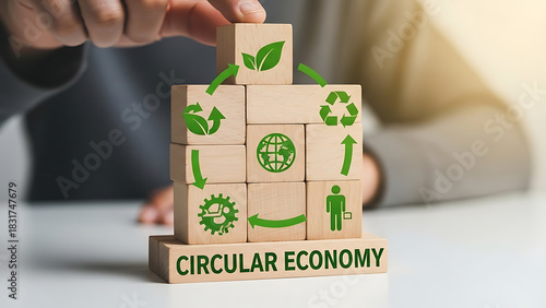 Concept of Circular Economy with Wooden Blocks Representing Sustainability and Environmental Responsibility for a Greener Future
