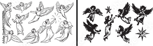 Angel illustration clipart, divine wings art, spiritual figure drawing, celestial design vector, guardian angel artwork, religious art sketch, heavenly silhouette set, peaceful angel pattern, hand dra