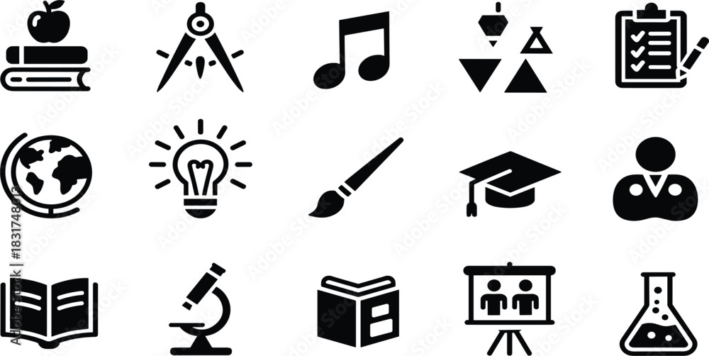 Fototapeta premium Education, School, and Learning Glyph Icons Set: Featuring Apple on Books, Graduation Cap, Microscope, Compass, and Light Bulb Vector Illustration