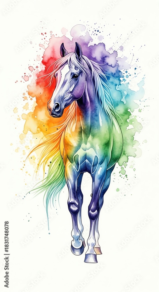 Fototapeta premium Colorful horse portrait with watercolor splash background
