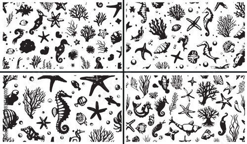 Sea animal illustration, marine shell clipart, underwater ocean creatures, coral reef vector art, starfish pattern design, aquatic life sketch, hand drawn sea icons, ocean inspired artwork, beach them