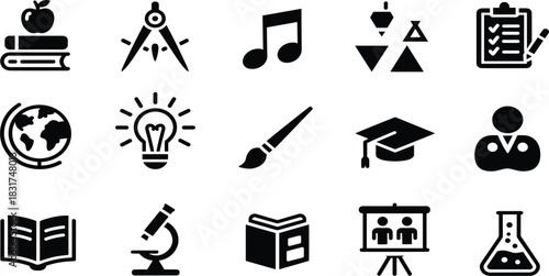Education, School, and Learning Glyph Icons Set: Featuring Apple on Books, Graduation Cap, Microscope, Compass, and Light Bulb Vector Illustration