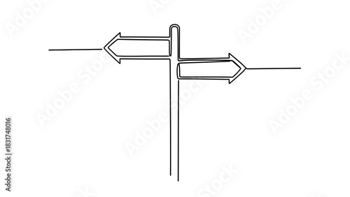 Continuous line drawing of a road sign indicating different directions and options