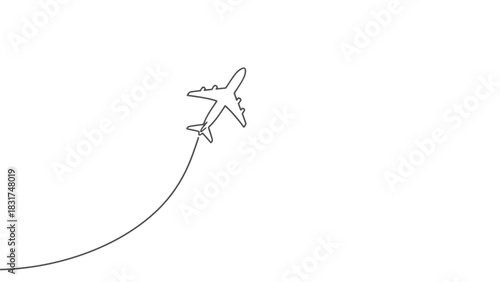 Airplane taking off minimal art illustration in black line on white background