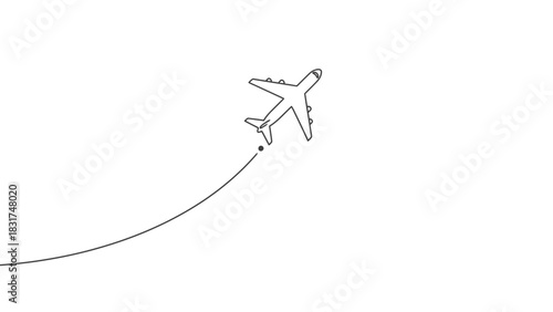 Minimalist airplane illustration flying with trajectory on white background